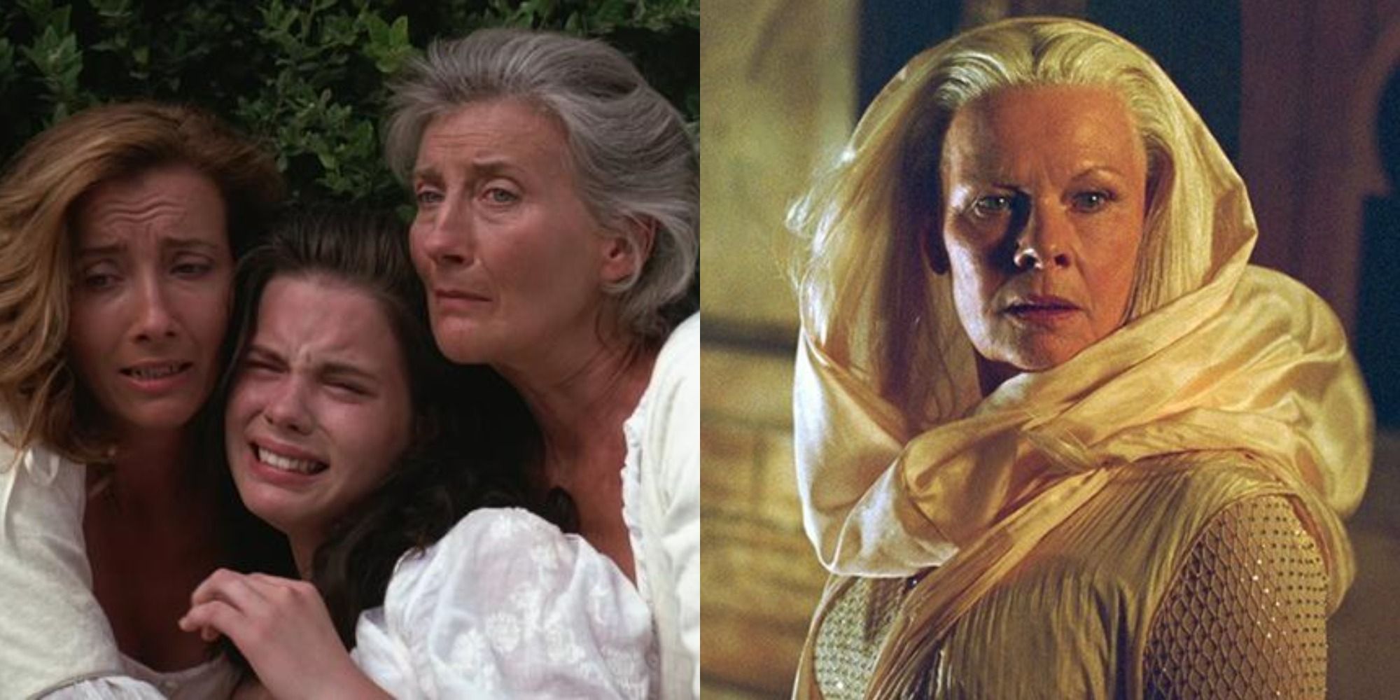 Split image of Emma Thompson, Kate Beckinsale, and Phyllida Law in Much Ado About Nothing, and Judi Dench in The Chronicles of Riddick
