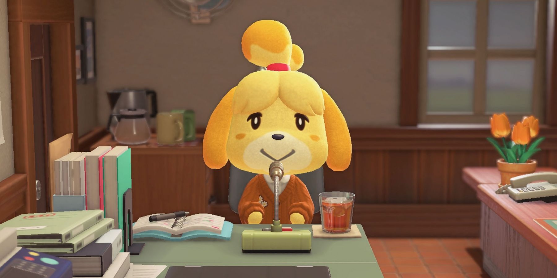Isabelle sitting behind his desk in Animal Crossing
