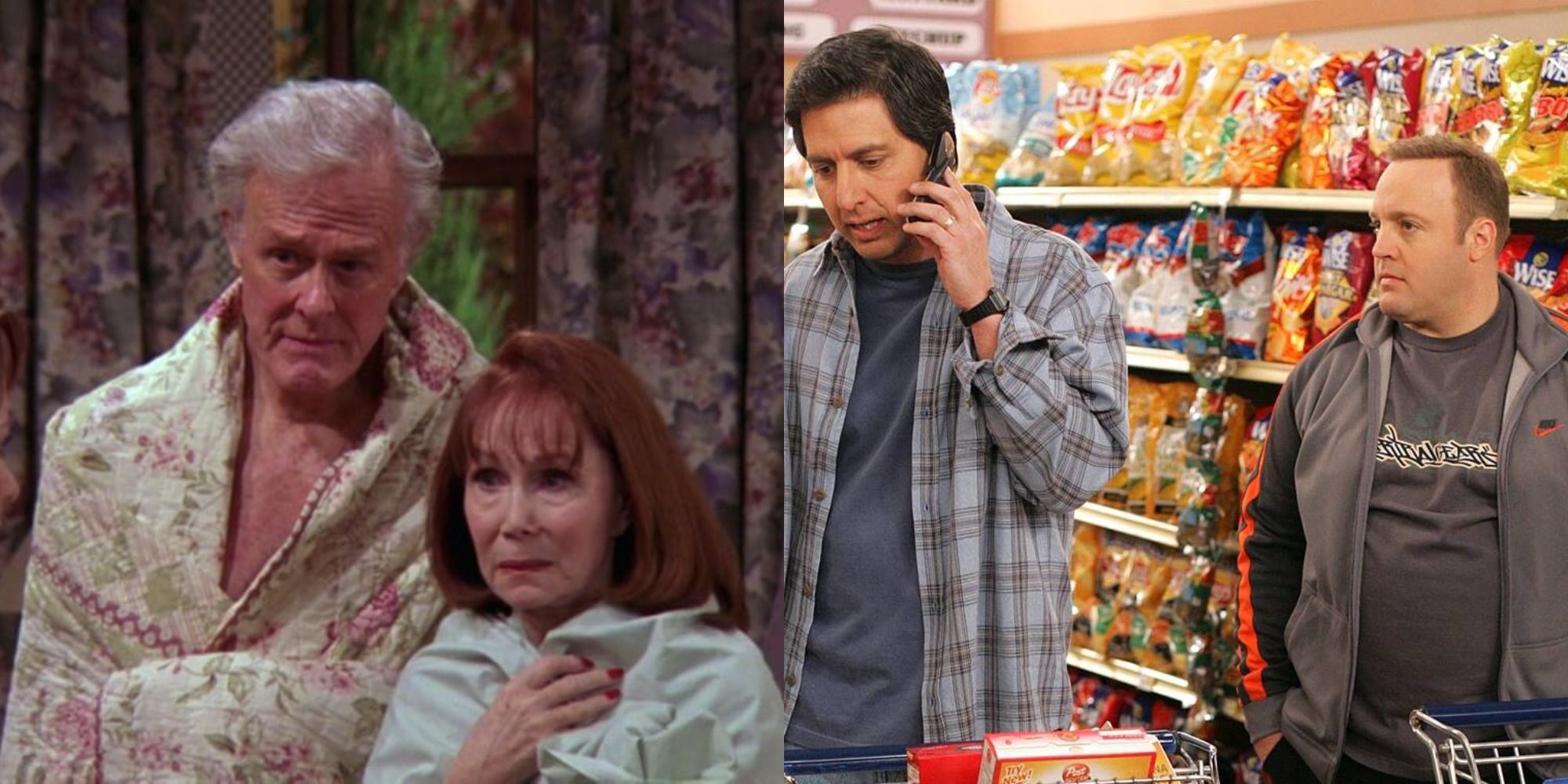 A split image of Lois and Warren Whelan and Ray and Kevin James in Everybody Loves Raymond