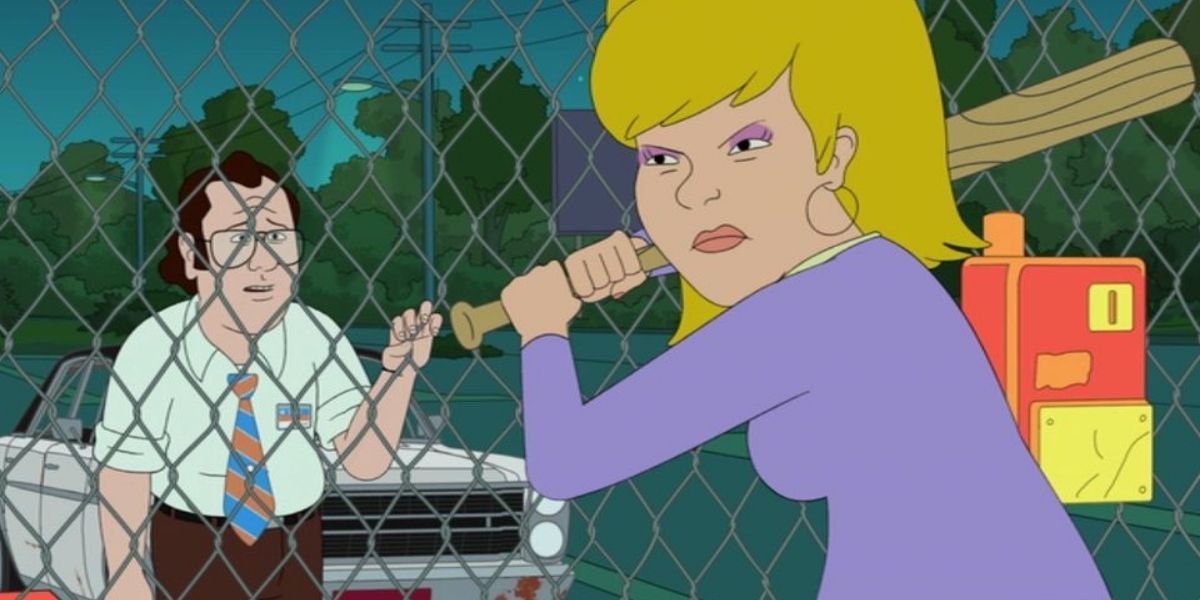 Angry Sue holds a baseball bat while Frank watches her
