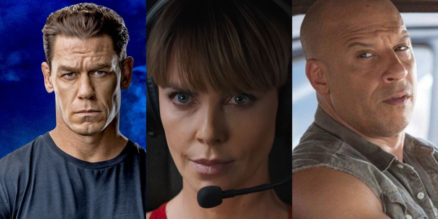 F9 split image: Jakob Toretto looks at the camera/ Cipher wears a headset/ Dom drives a car