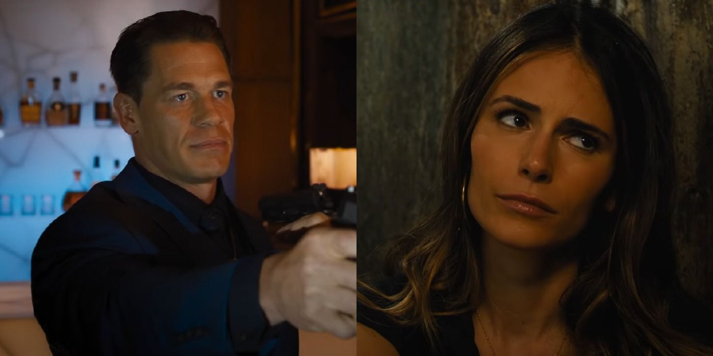 F9 split image: Jakob points a gun/ Mia looks worried