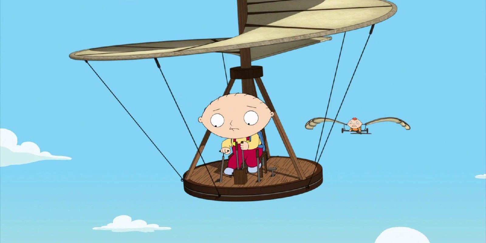 Stewie in a flying contraption in Family Guy.