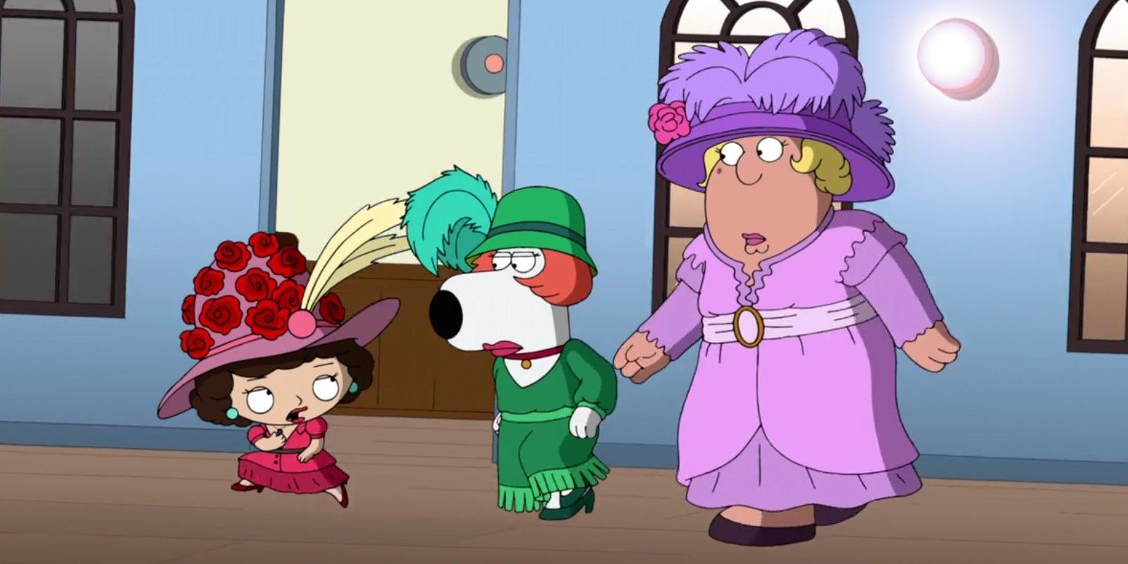 Brian, Stewie, and Chris in a Family Guy time travel adventure.