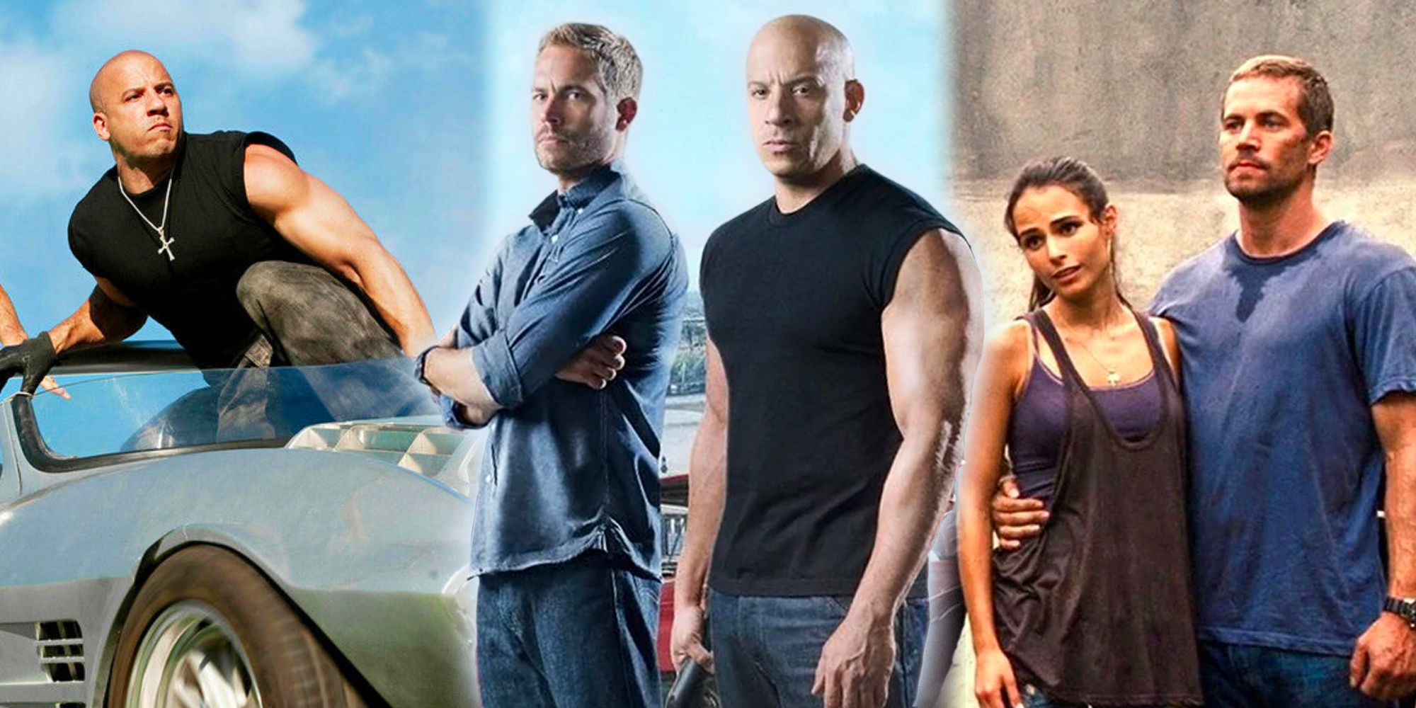 A collage photo of Dom sitting on the bonnet of a car, Brian and Dom standing together, and Brian and Mia. All images from Fast Five