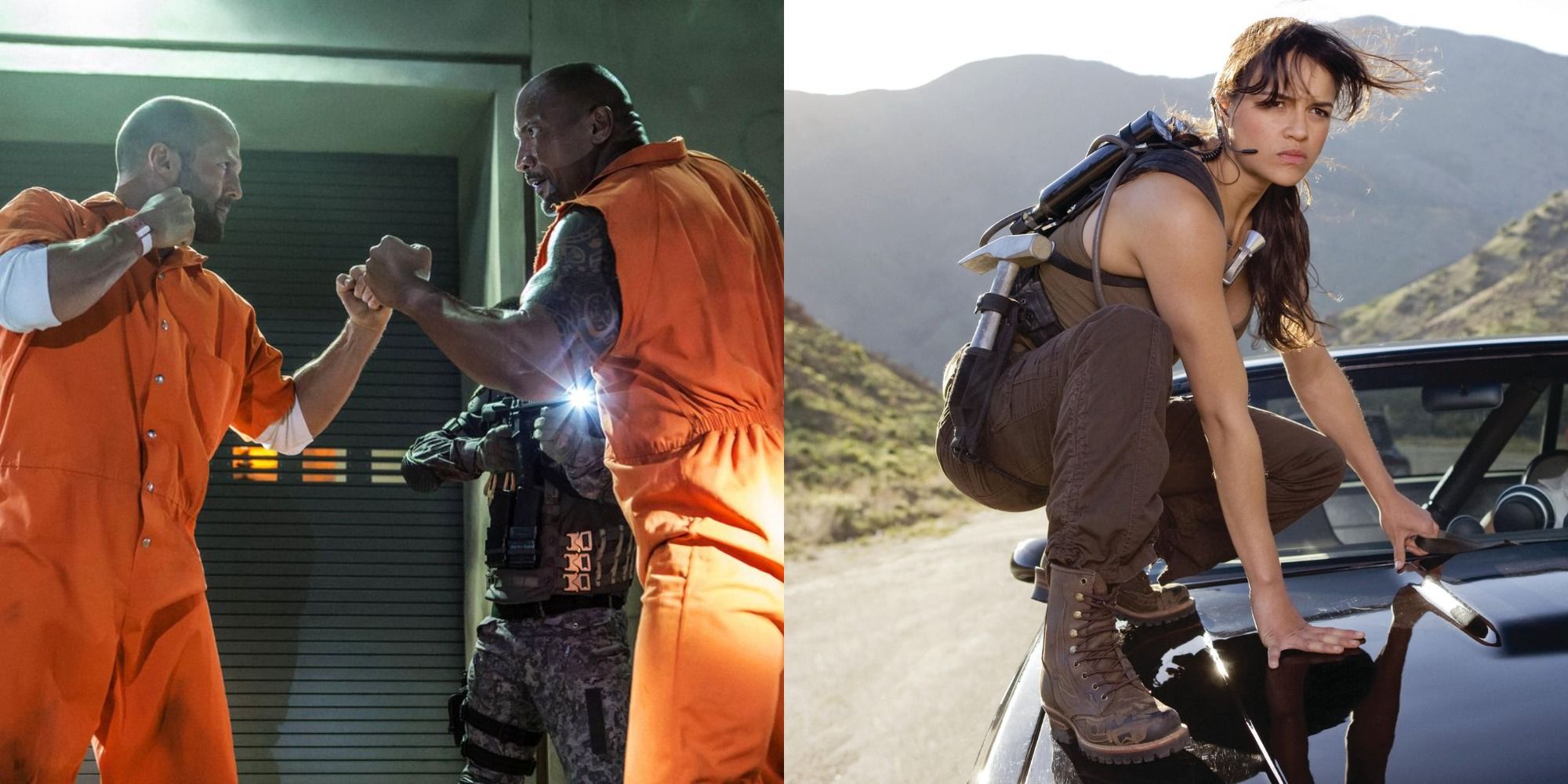 Split image showing Hobbs and Shaw fighting in prison, and Letty on the hood of a car