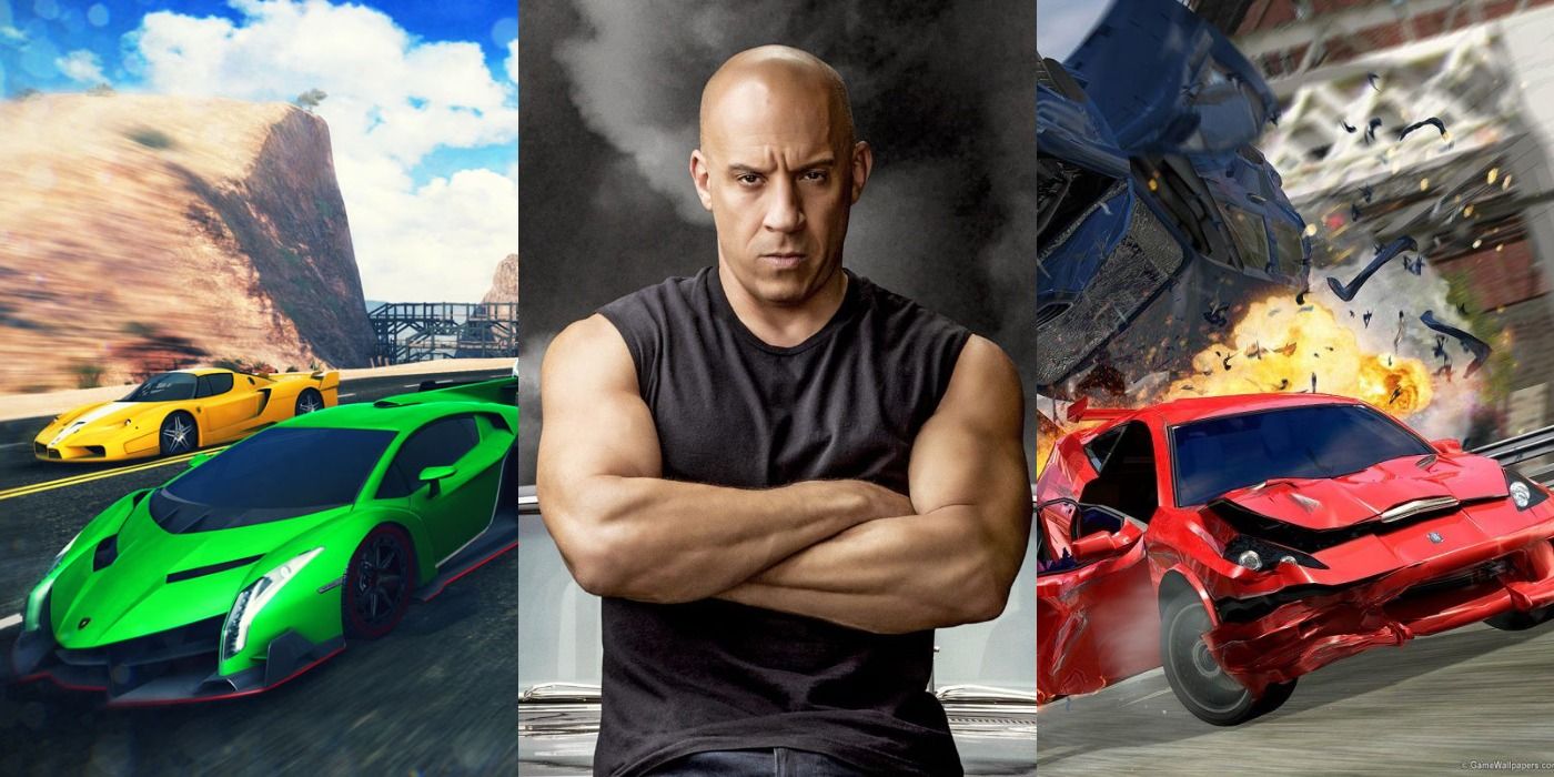 Two cars race in a hill Dominic Toretto poses A car races away from an explosion