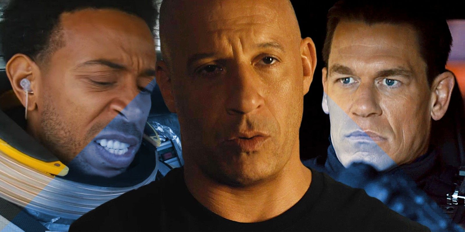 Collage of Ludacris, Vin Diesel (Dom Toretto), and John Cena in Fast & Furious 9