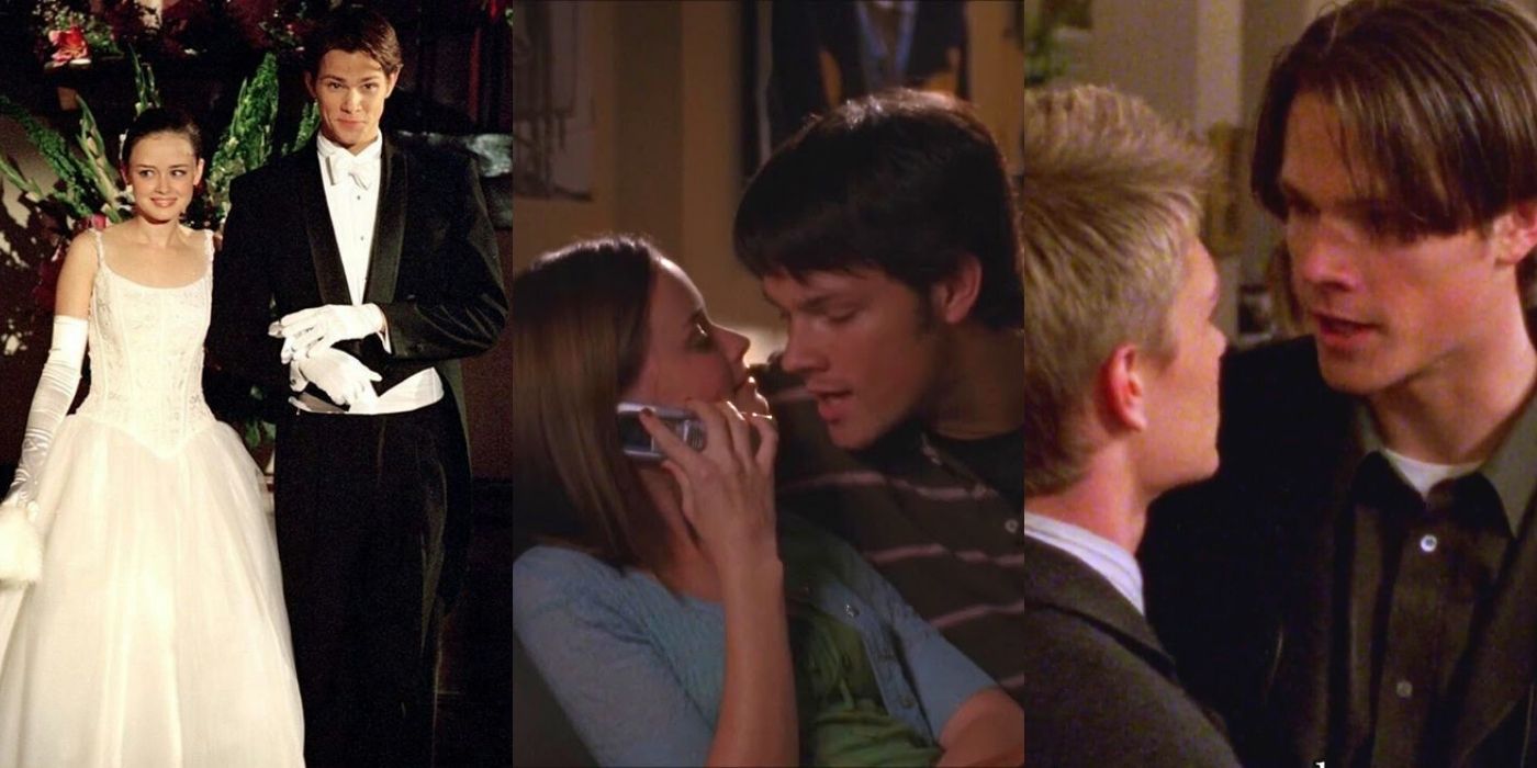 Split image of Rory and Dean at cotillion and Tristan getting in Dean's face in Gilmore Girls