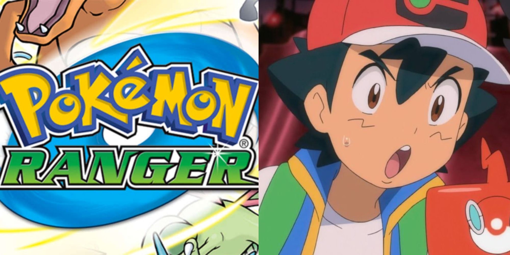 Two images side by side of the Pokemon Ranger logo and Ash looking surprised