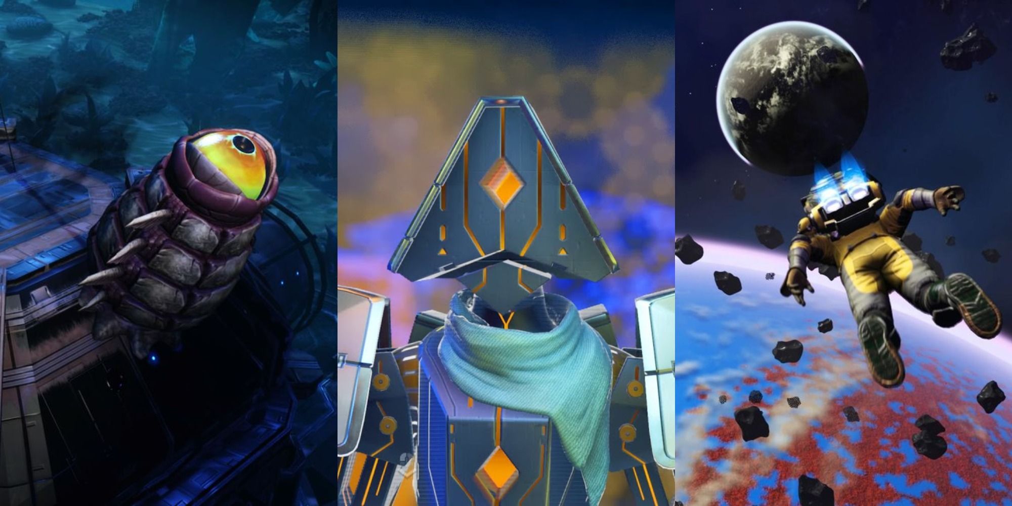 Three images side by side of an underwater creature's eye, Apollo, and the player flying towards a planet in No Man's Sky