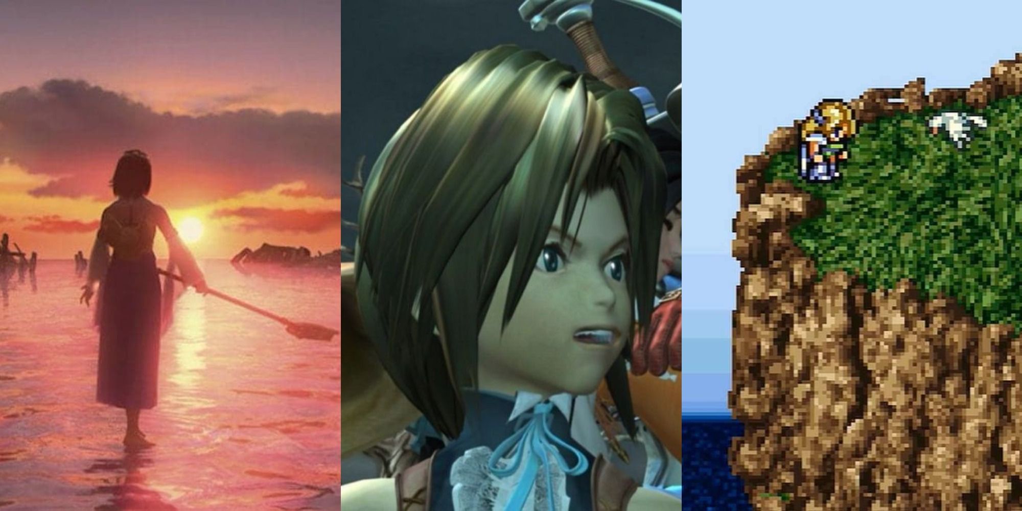 Three images side by side of scenes from Final Fantasy X, IX, and VI