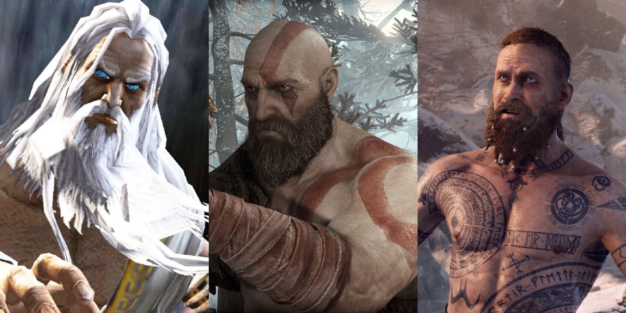 Three images side by side of Zeus, Kratos, and Baldur in the God Of War franchise