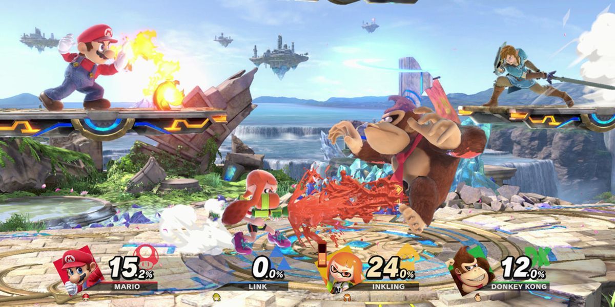 Screenshot of a four player fight in Smash Bros.