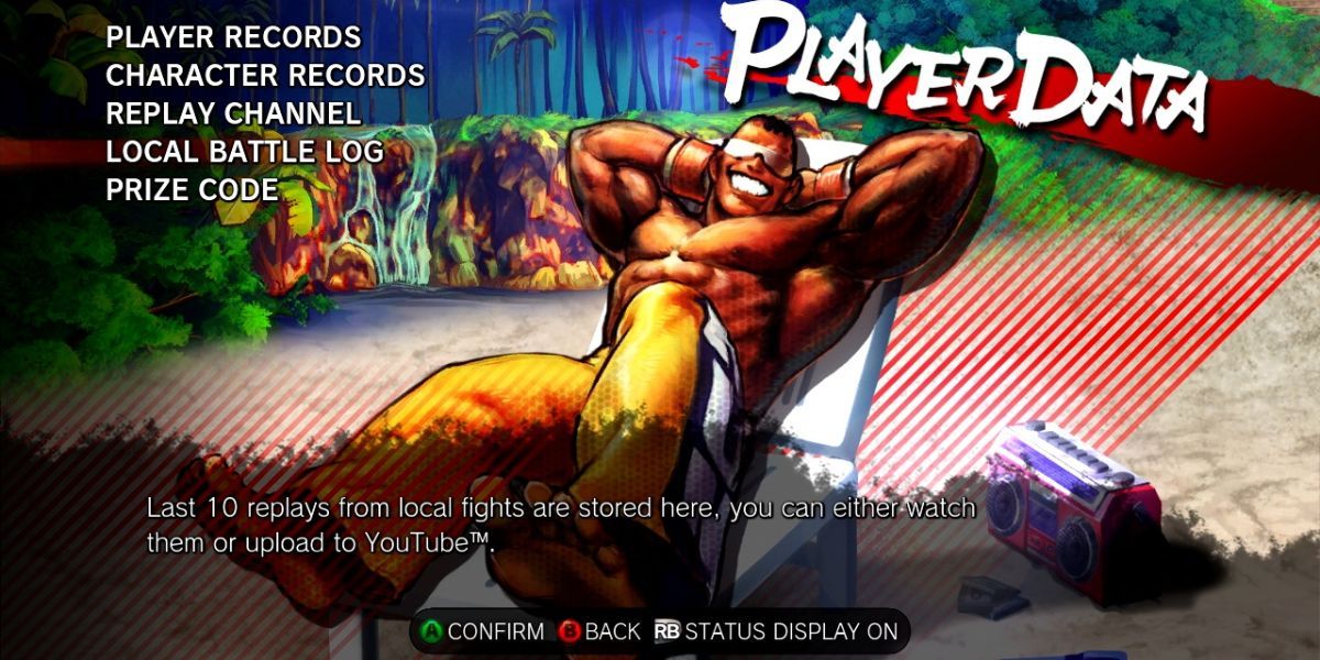 Street Fighter IV's player data screen, including replays