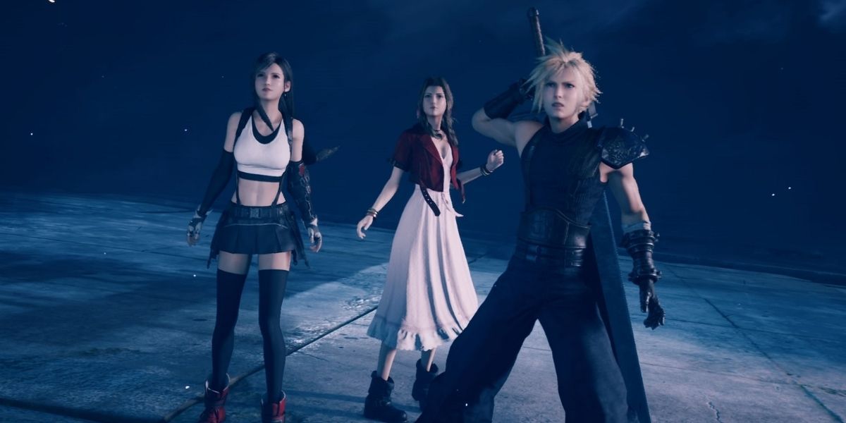 Cloud and two female characters prepare for battle