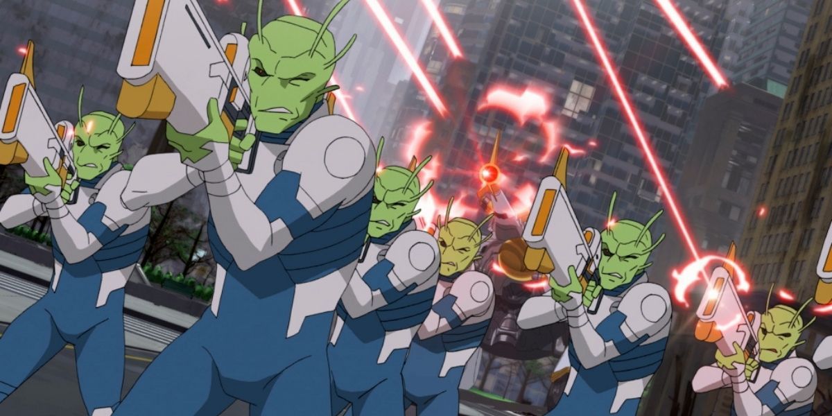A group of Flaxans invade Earth and fire their guns in Invincible