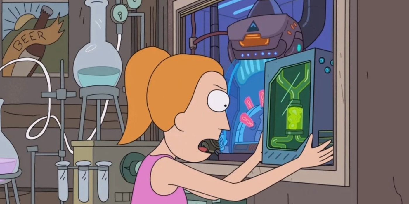 Summer removes the Flux Capacitor from a panel in Rick's lab