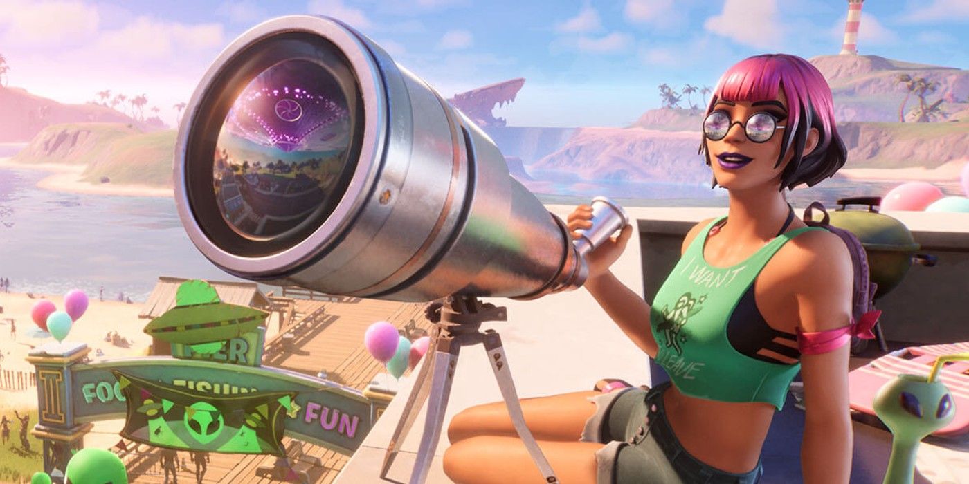 Sunny looks through a telescope at Believer Beach during the Fortnite Cosmic Summer Celebration event
