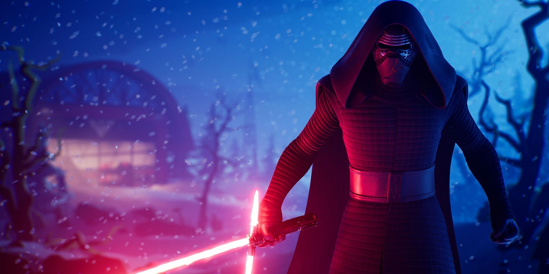 Kylo Ren with his lightsaber ignited on Fortnite