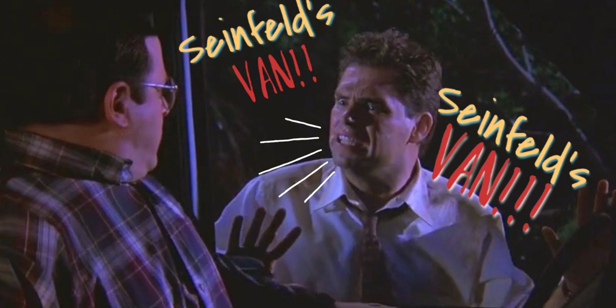 Frankie shouts 'Seinfeld's Van' while Kramer sits inside the van in a still from Seinfeld