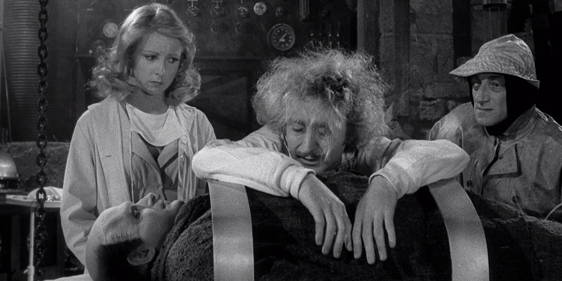 Freddy, Elizabeth, Igor, and the monster in Young Frankenstein