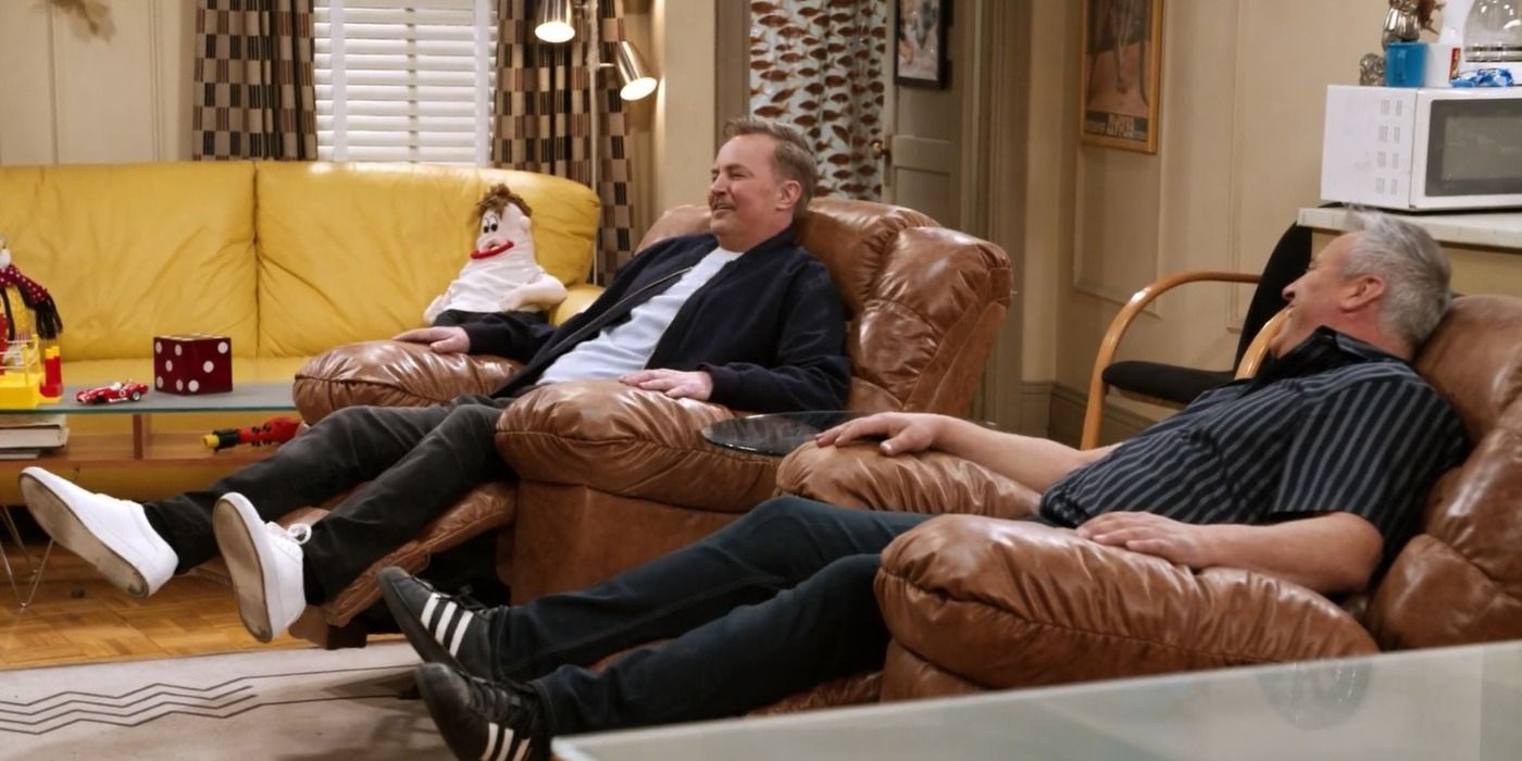 Matthew Perry and Matt LeBlanc sit in Joey and Chandler’s apartment in Friends: The Reunion