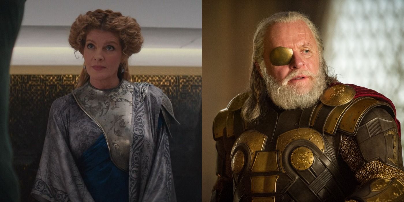 Split image of Frigga and Odin in the Thor series