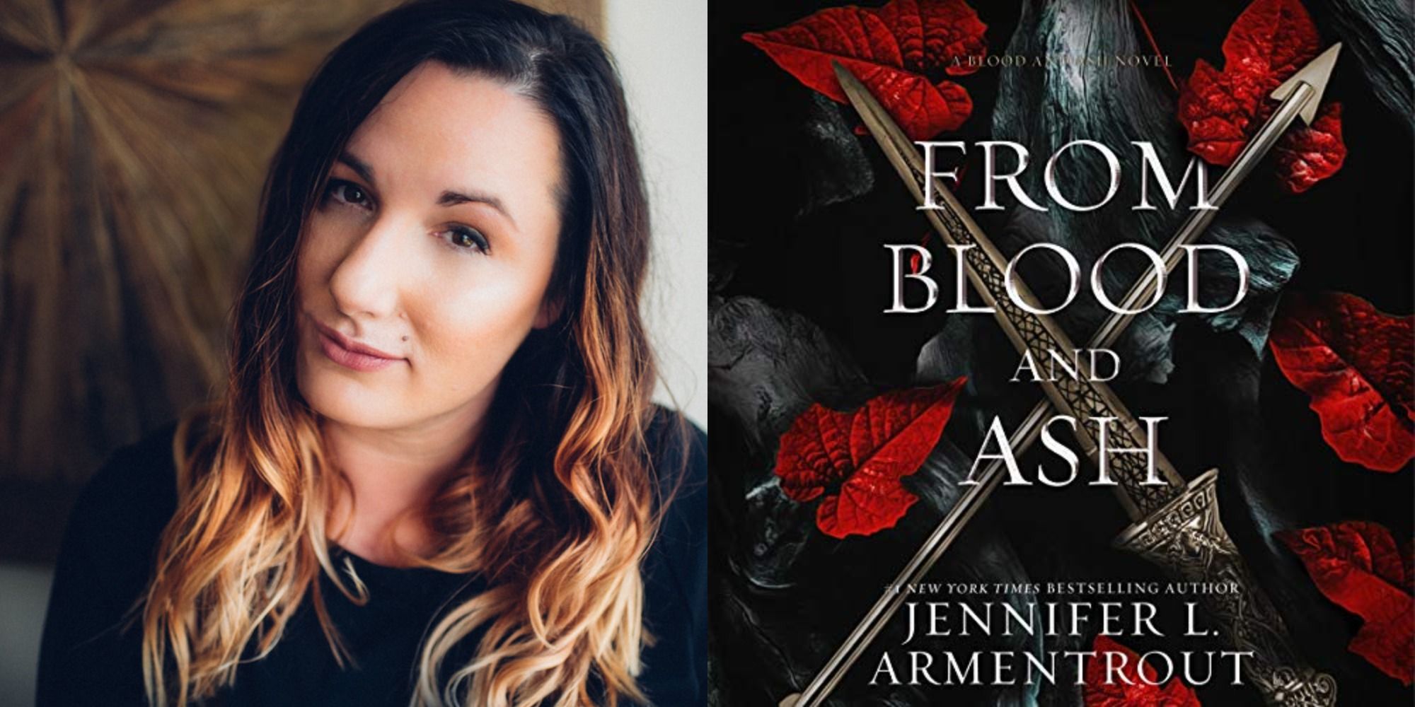 Split image showing Jennifer L- Armentrout, and her book, From Blood and Ash