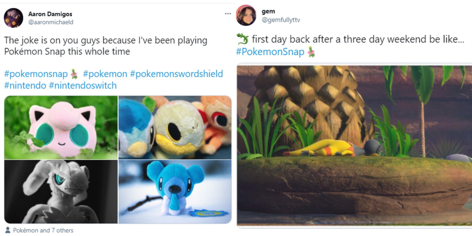 Split image depicting two funny tweets about the New Pokémon Snap