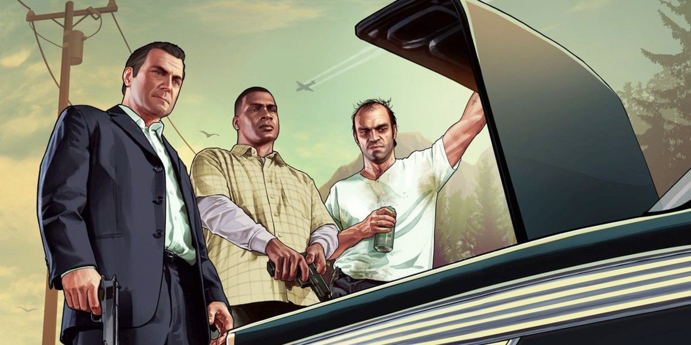 GTA V protagonists looking into an open trunk.