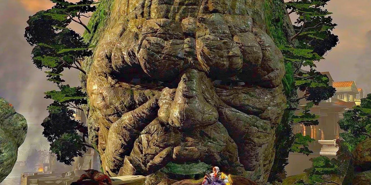 Gaia como uma árvore gigante olhando para Kratos em God of War 3.