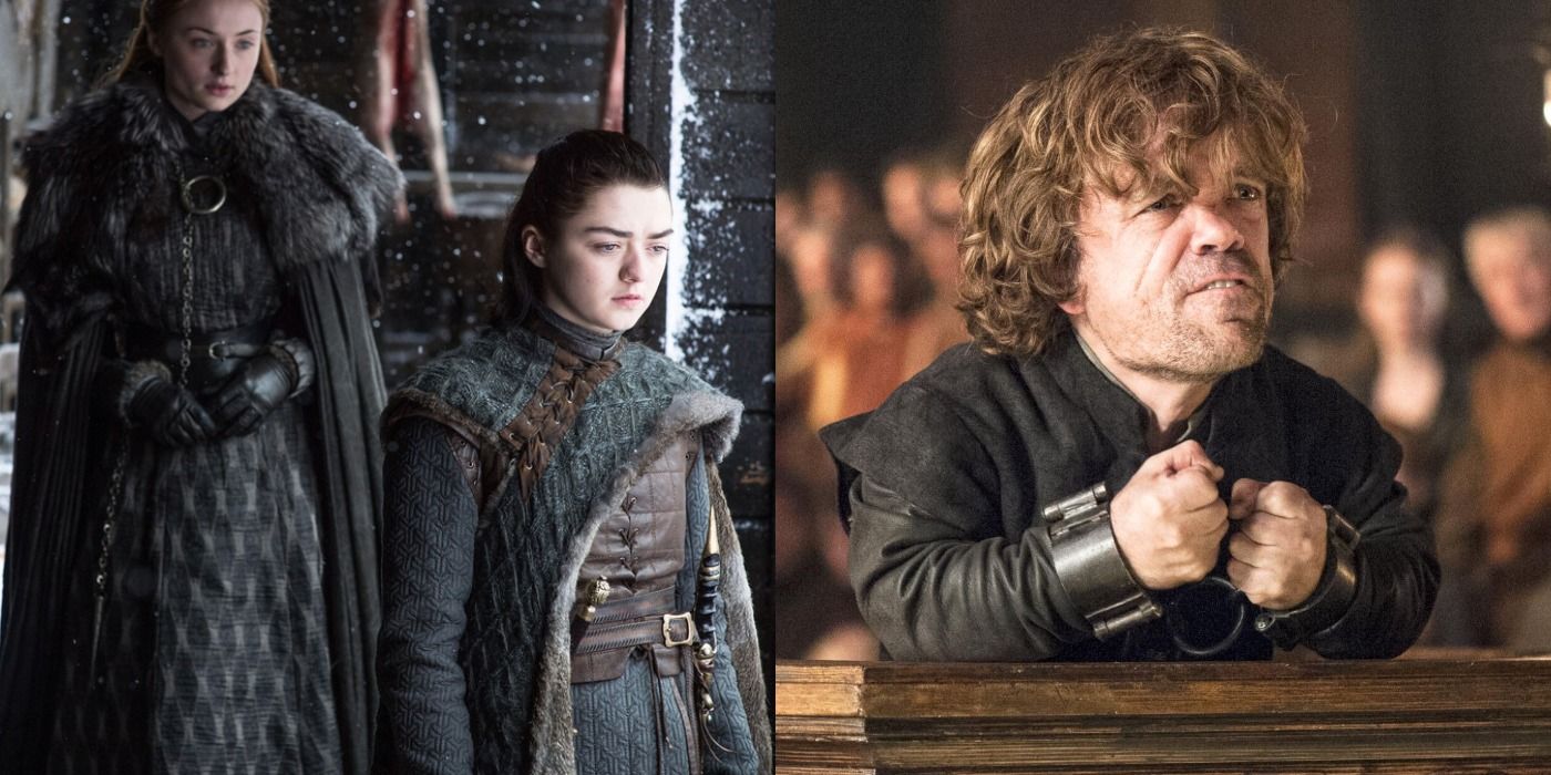 Split image of Sansa and Arya Stark in Winterfell and Tyrion on trial in Game of Thrones