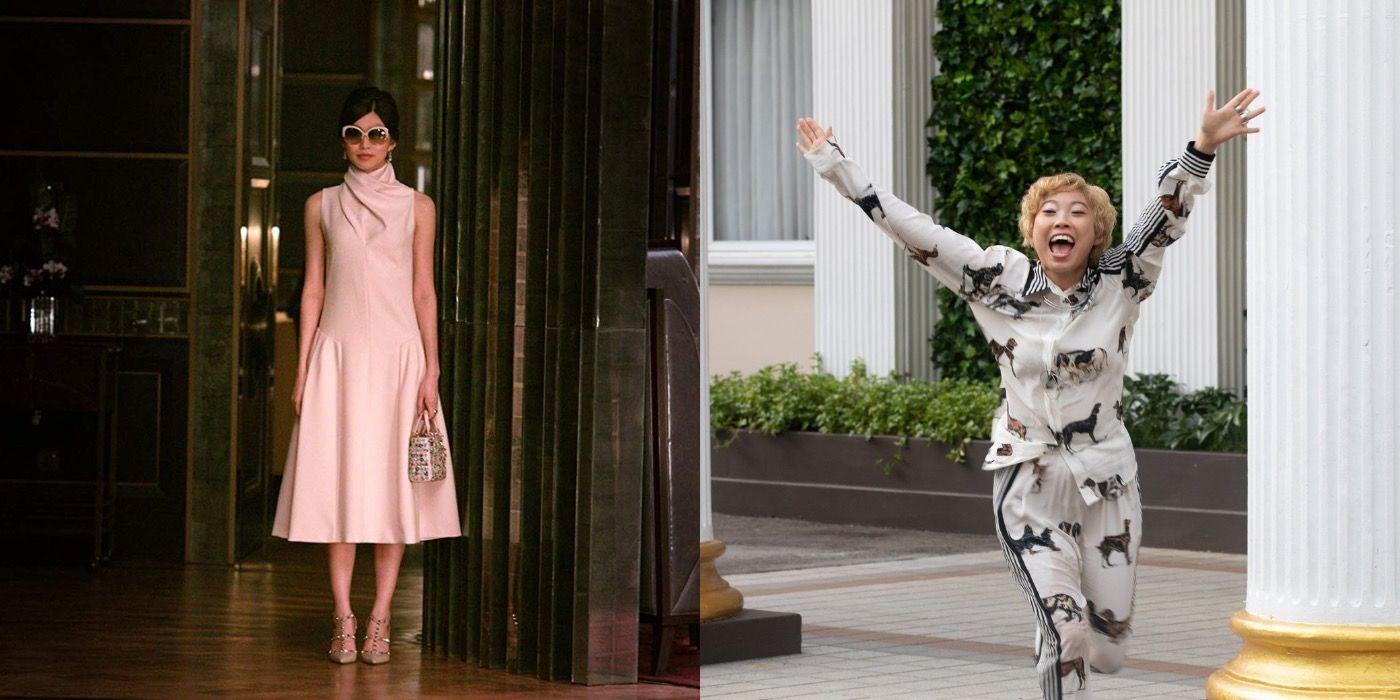 Gemma Chan and Awkwafina in Crazy Rich Asians in two side by side images.