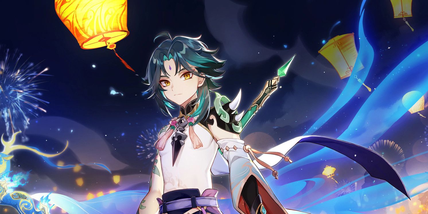 Xiao with lit floating lanterns behind her in Genshin Impact