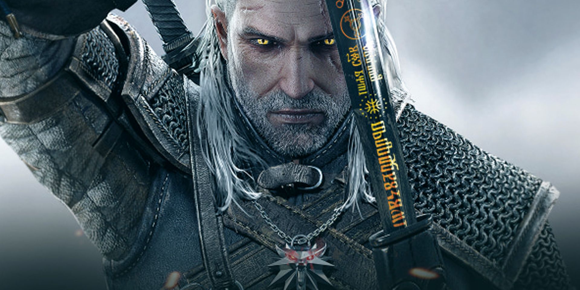 Geralt with glowing yellow eyes in The Witcher Games