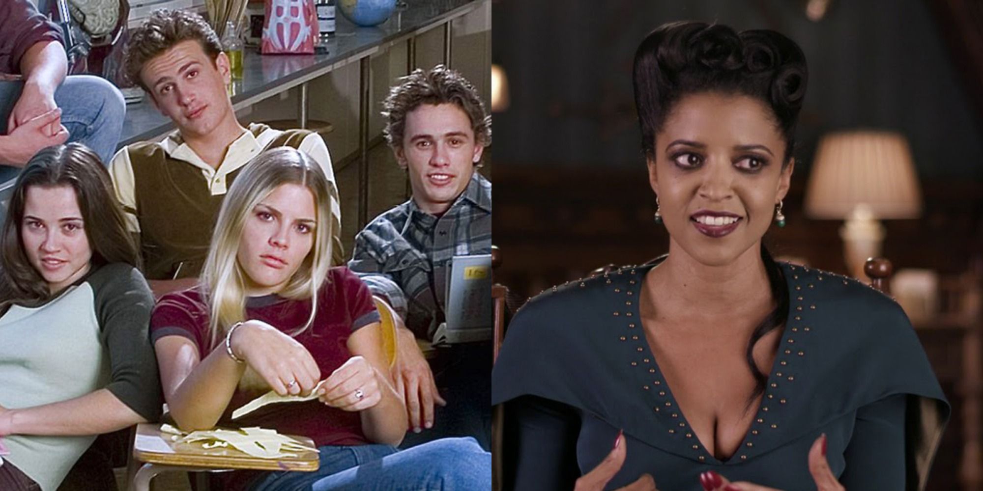 Split image of Busy Phillips with the Freaks nad Geek cast and Renée Elise Goldsberry in The House with a Clock in its Walls