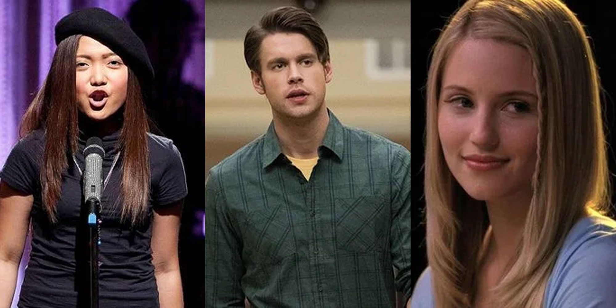 A split image features Glee characters Sunshine, Sam, and Quinn