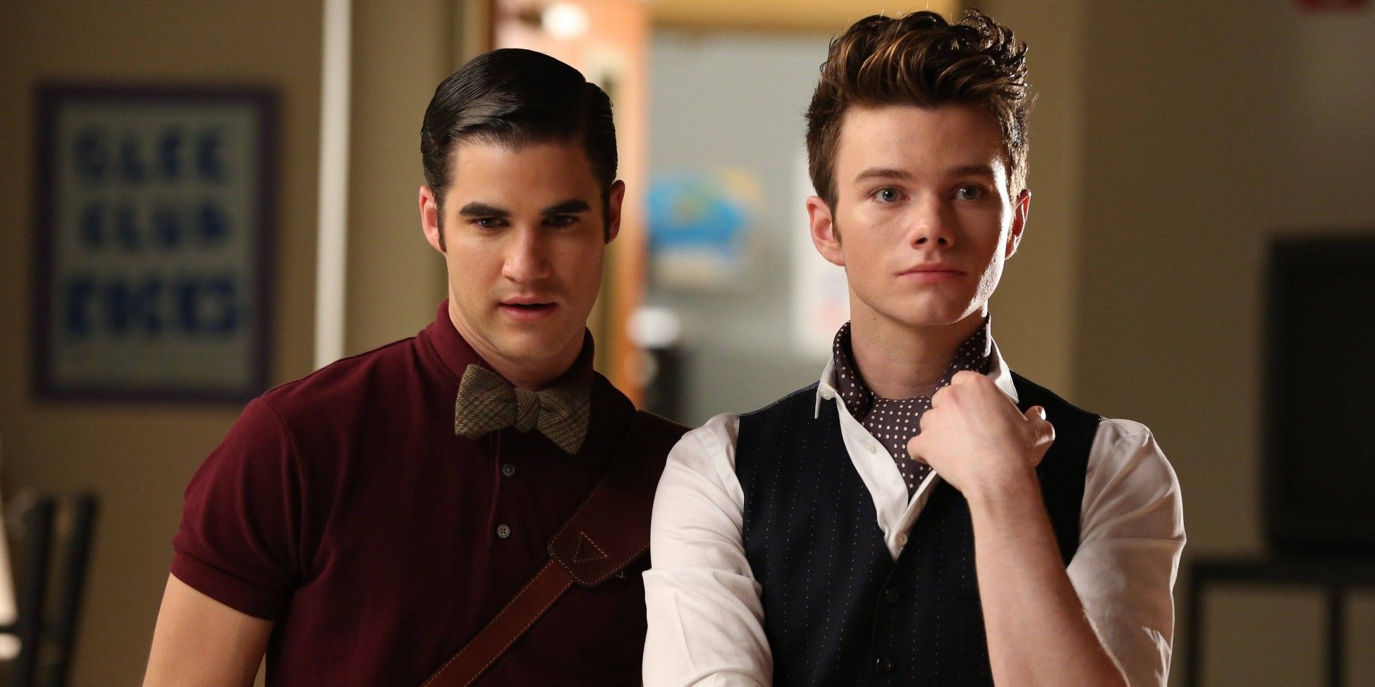 Kurt and Blaine in the choir room looking confused in Glee