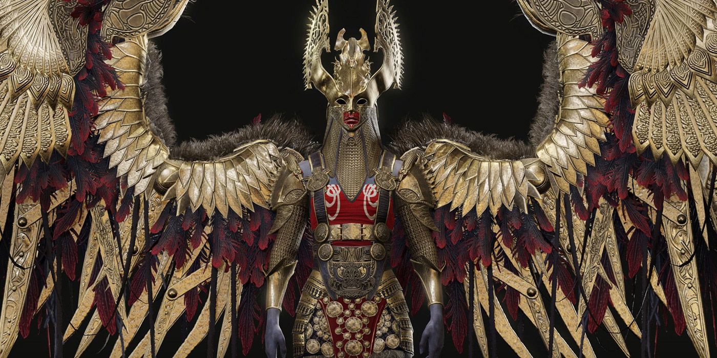 A photo of the Queen of the Valkyries with golden wings in God of War.