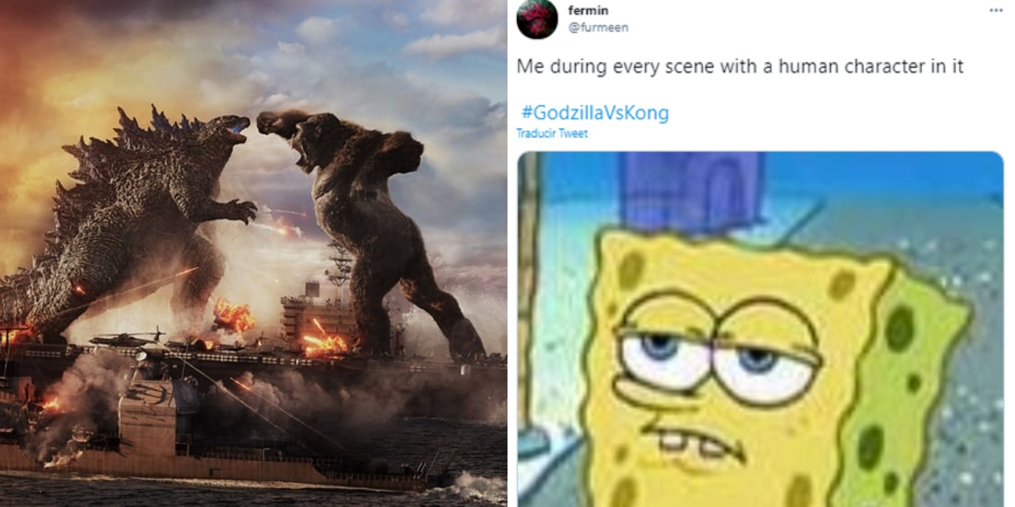 Split image showing Godzilla and Kong battling, and a meme about the movie