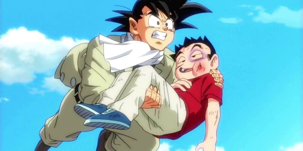 Goku carrying a defeated Krillin in the Dragon Ball anime.