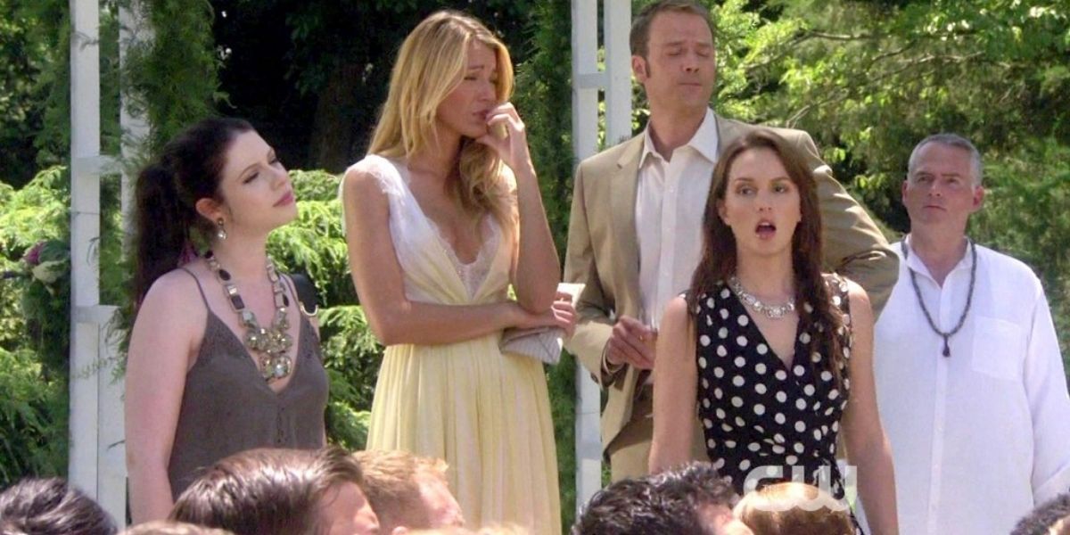 Serena and Steven looking embarrassed, as Blair and Georgina look confused