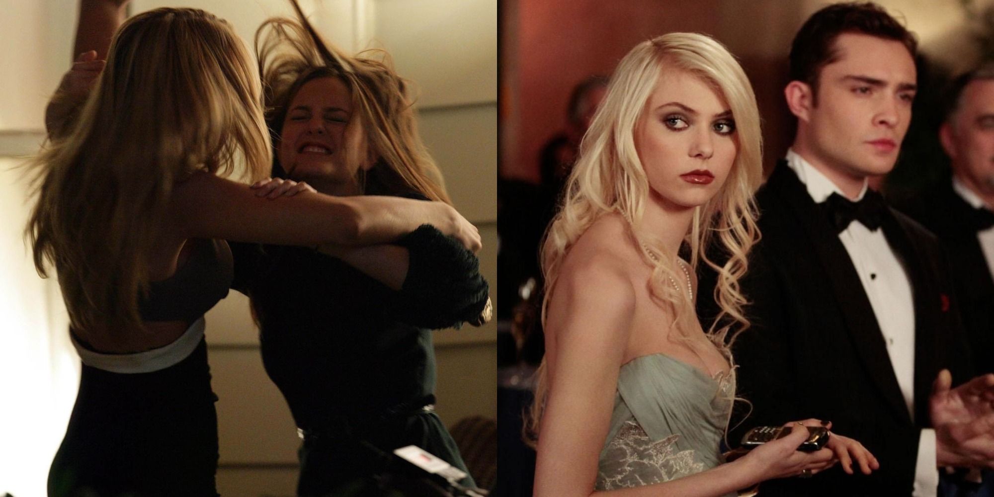 Split image of two girls fighting and Jenny with Chuck on Gossip Girl