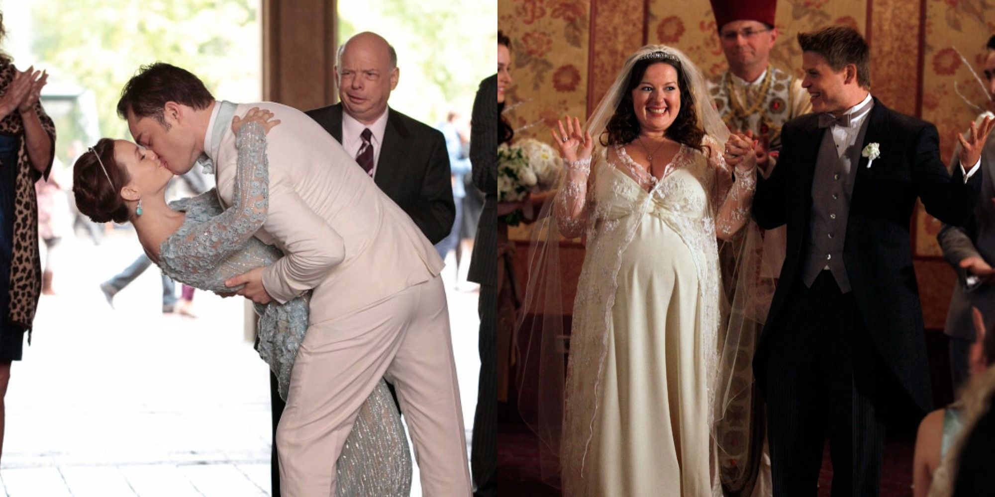 Split image of Chuck dipping Blair and kissing her at their wedding and Dorota and Vanya's wedding