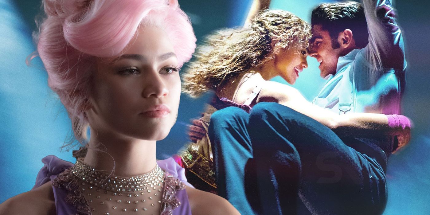 A blended image features a closeup of Zendaya as Anne Wheeler over Anne and Zac Efron as Phillip Carlyle on the trapeze in The Greatest Showman