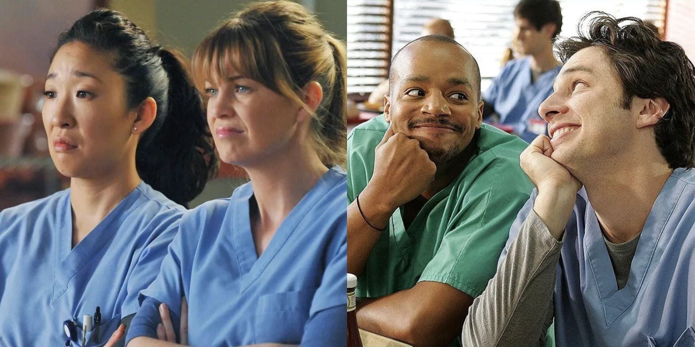 Cristina and Meredith looking upset on Grey's Anatomy and Turk and JD smiling on Scrubs