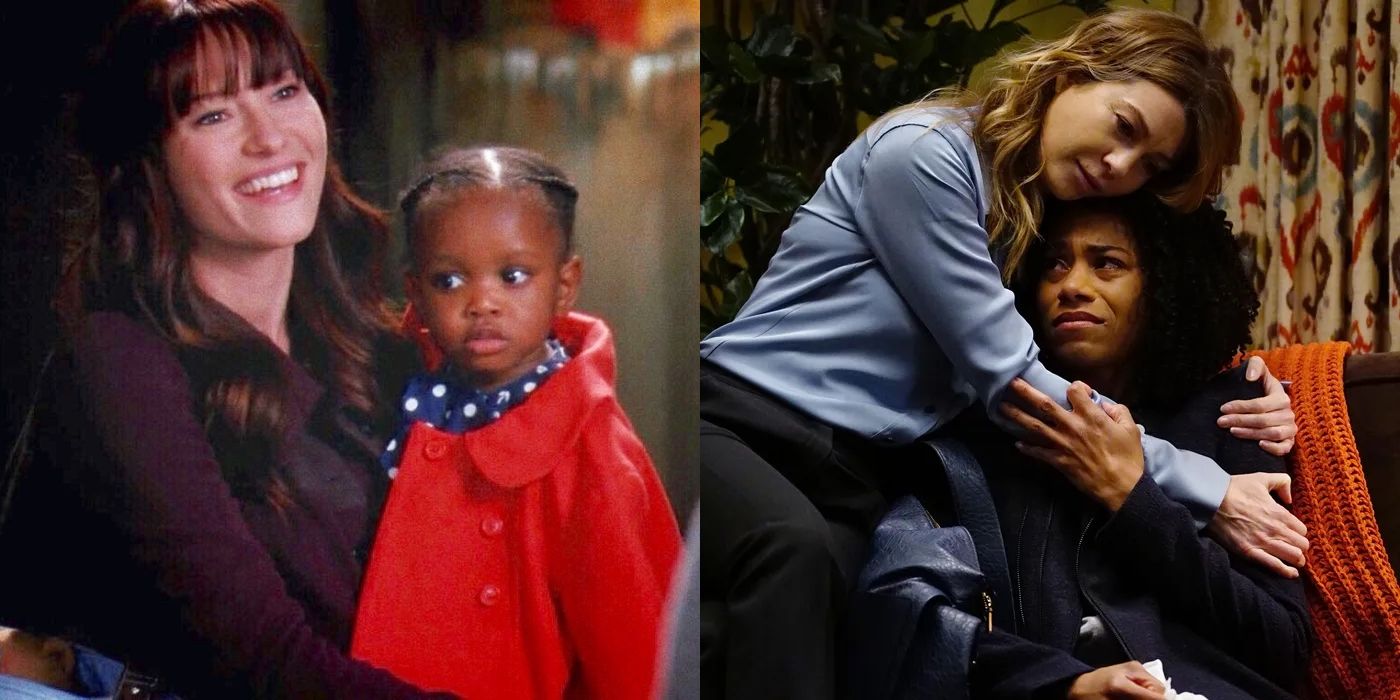 An image of Lexie holding Zola and Meredith hugging Maggie in Grey&rsquo;s Anatomy
