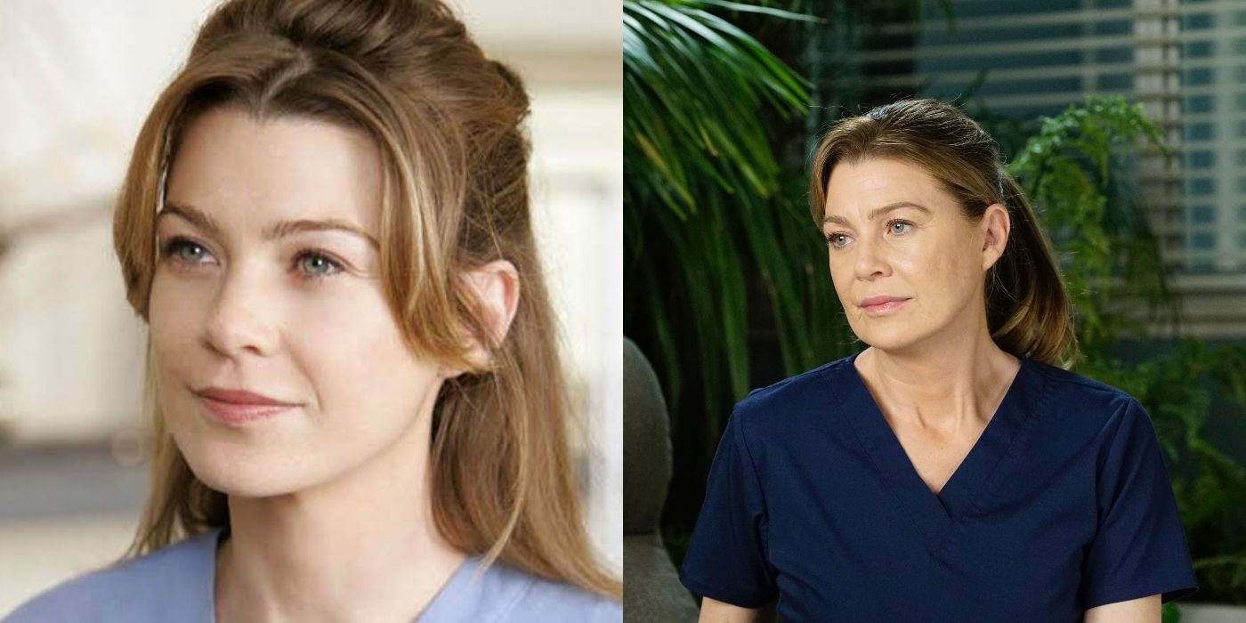 A split image of Meredith in season 1 and Meredith in season 10 in Grey&rsquo;s Anatomy