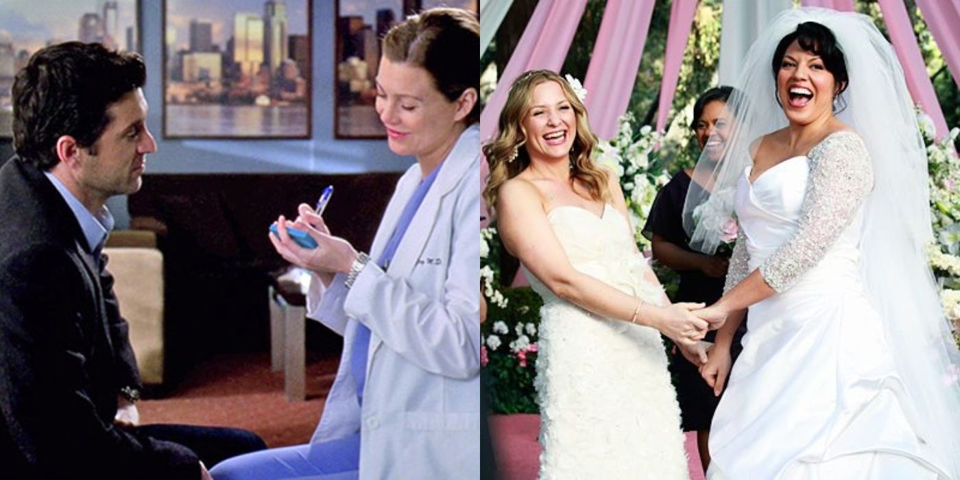 Derek and Meredith's post-it note wedding and Arizona and Callie smiling on their wedding day, Grey's Anatomy featured image